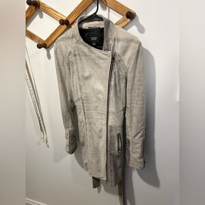 LAMARQUE leather long off centre zip jacket with tie up detail